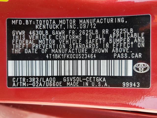 Photo 12 VIN: 4T1BK1FK0CU523464 - TOYOTA CAMRY SE 