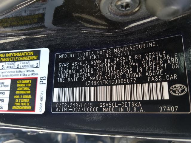 Photo 9 VIN: 4T1BK1FK1CU005072 - TOYOTA CAMRY SE 