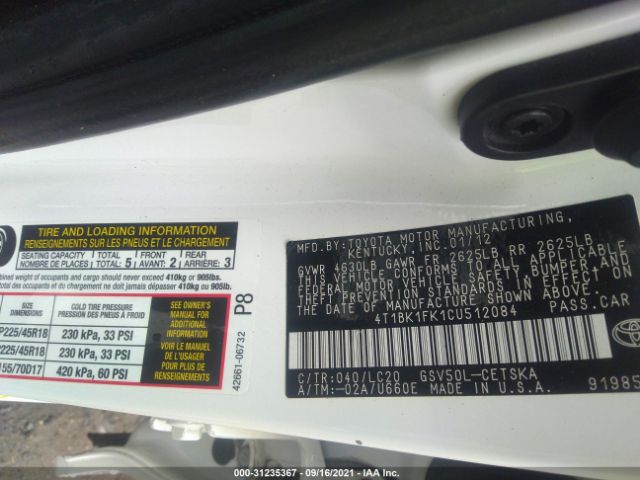 Photo 8 VIN: 4T1BK1FK1CU512084 - TOYOTA CAMRY 