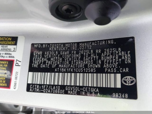 Photo 8 VIN: 4T1BK1FK1CU512585 - TOYOTA CAMRY 