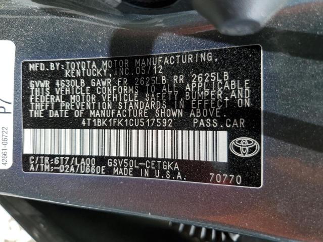 Photo 11 VIN: 4T1BK1FK1CU517592 - TOYOTA CAMRY SE 