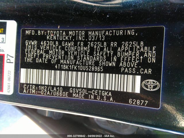 Photo 8 VIN: 4T1BK1FK1DU528965 - TOYOTA CAMRY 