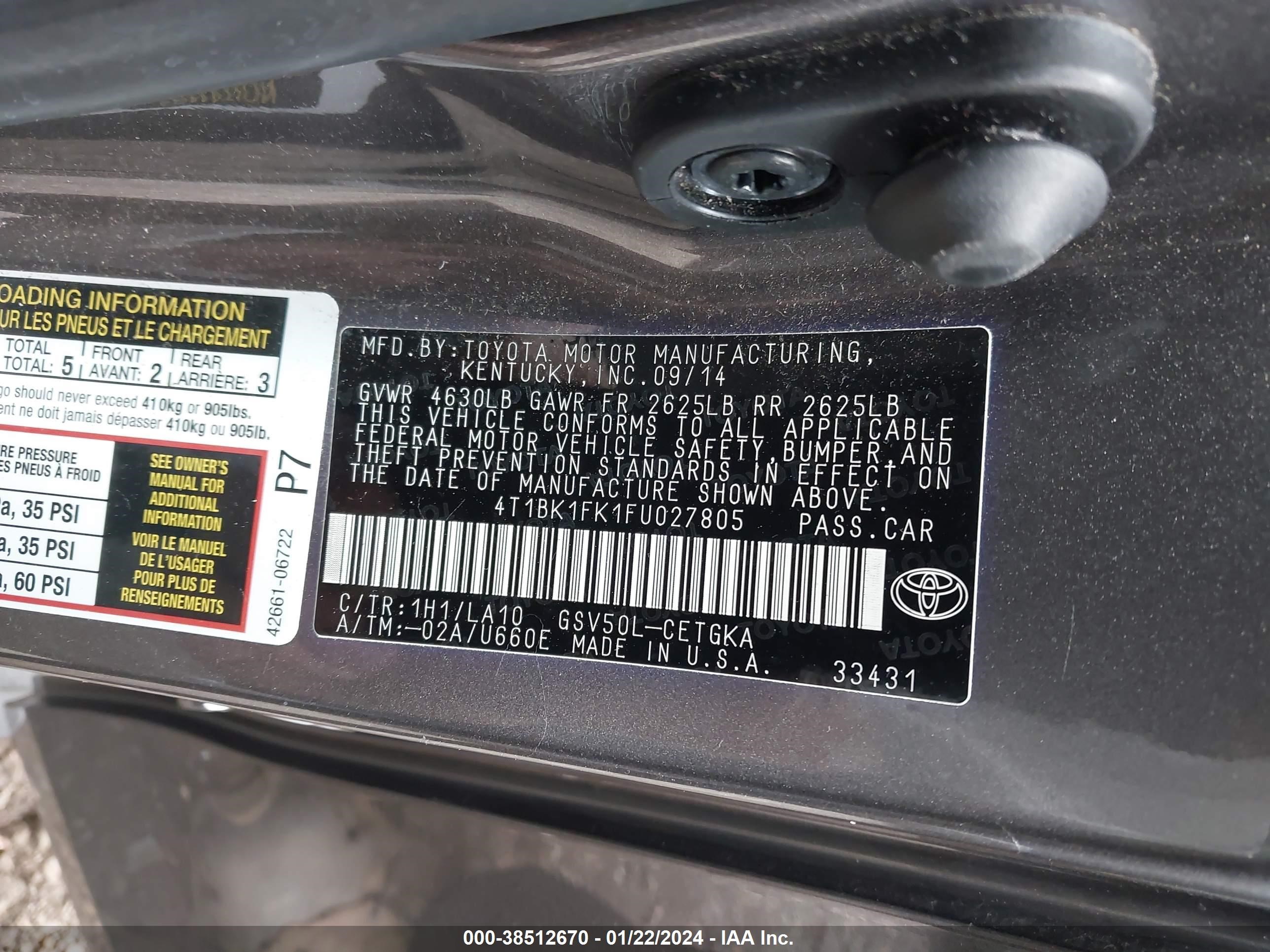 Photo 8 VIN: 4T1BK1FK1FU027805 - TOYOTA CAMRY 