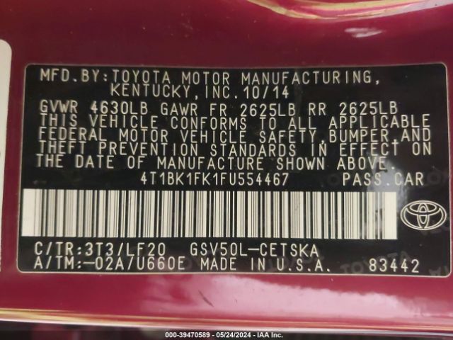 Photo 8 VIN: 4T1BK1FK1FU554467 - TOYOTA CAMRY 