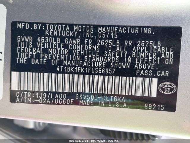 Photo 8 VIN: 4T1BK1FK1FU566957 - TOYOTA CAMRY 