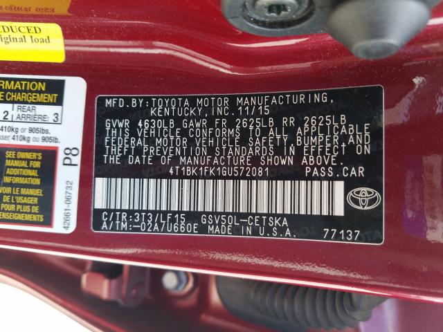 Photo 9 VIN: 4T1BK1FK1GU572081 - TOYOTA CAMRY XSE 