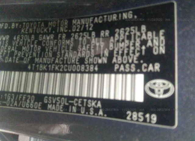 Photo 8 VIN: 4T1BK1FK2CU008384 - TOYOTA CAMRY 