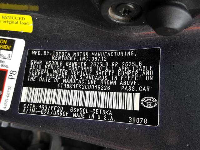 Photo 9 VIN: 4T1BK1FK2CU016226 - TOYOTA CAMRY SE 