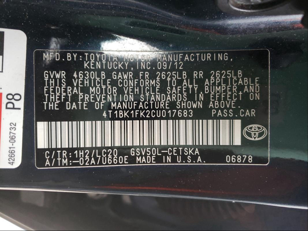 Photo 9 VIN: 4T1BK1FK2CU017683 - TOYOTA CAMRY SE 