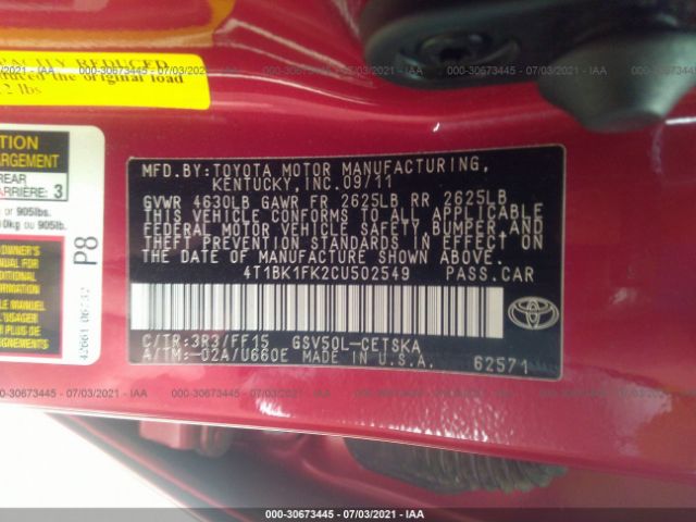 Photo 8 VIN: 4T1BK1FK2CU502549 - TOYOTA CAMRY 