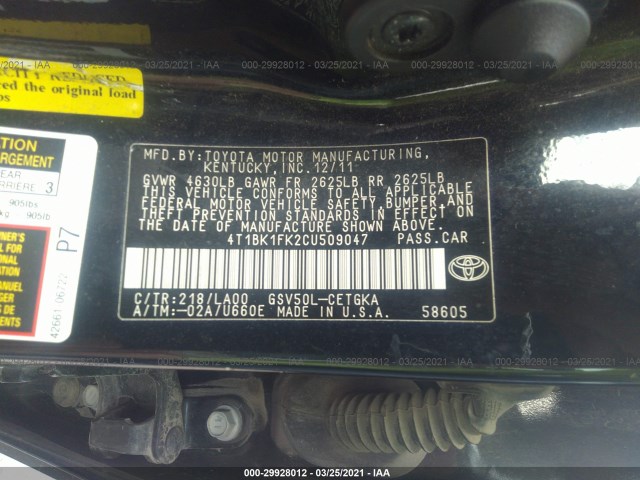 Photo 8 VIN: 4T1BK1FK2CU509047 - TOYOTA CAMRY 