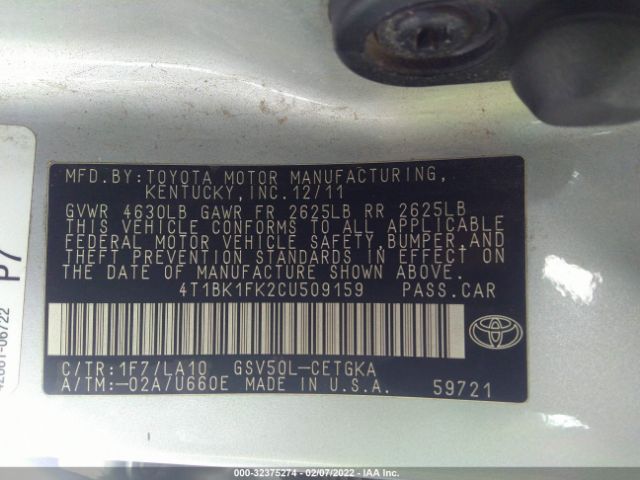 Photo 8 VIN: 4T1BK1FK2CU509159 - TOYOTA CAMRY 