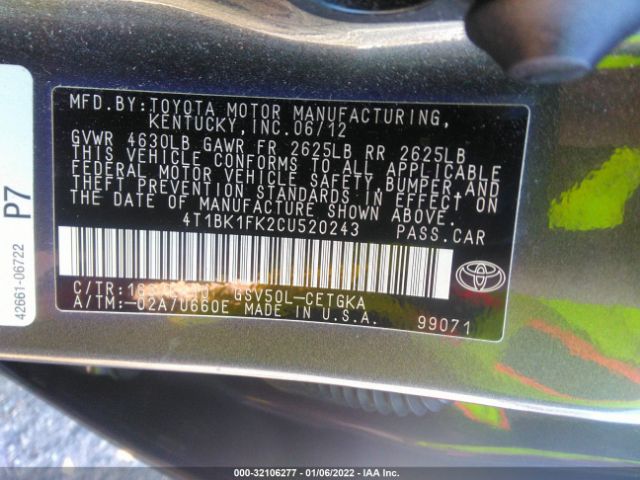 Photo 8 VIN: 4T1BK1FK2CU520243 - TOYOTA CAMRY 