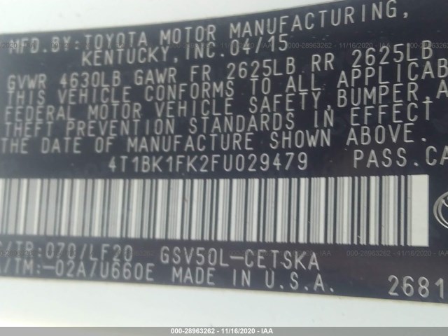 Photo 8 VIN: 4T1BK1FK2FU029479 - TOYOTA CAMRY 