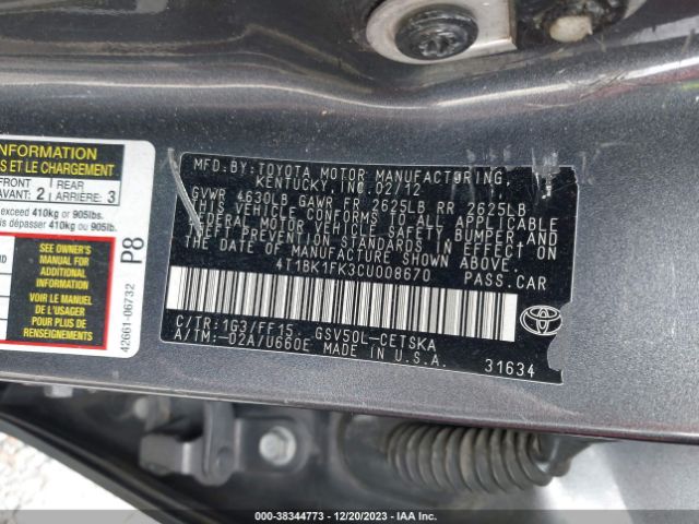 Photo 8 VIN: 4T1BK1FK3CU008670 - TOYOTA CAMRY 