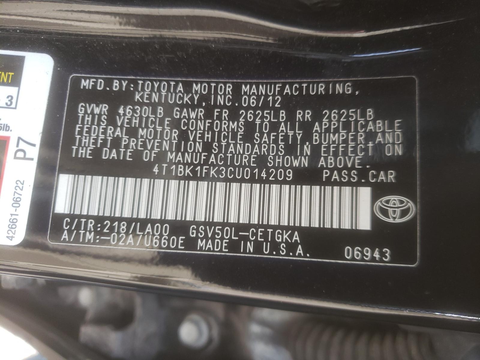 Photo 9 VIN: 4T1BK1FK3CU014209 - TOYOTA CAMRY SE 