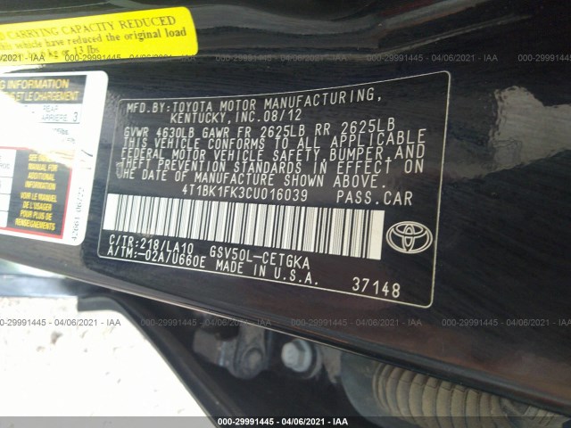 Photo 8 VIN: 4T1BK1FK3CU016039 - TOYOTA CAMRY SE 