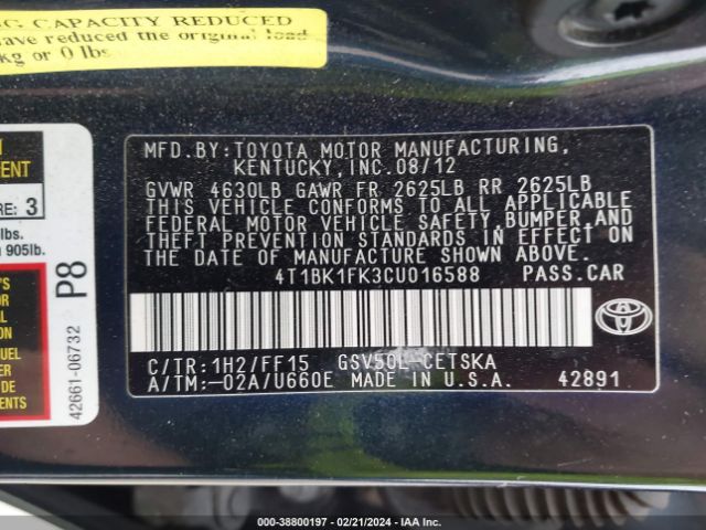 Photo 8 VIN: 4T1BK1FK3CU016588 - TOYOTA CAMRY 