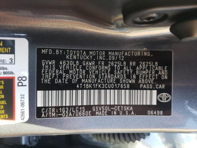 Photo 9 VIN: 4T1BK1FK3CU017658 - TOYOTA CAMRY SE 