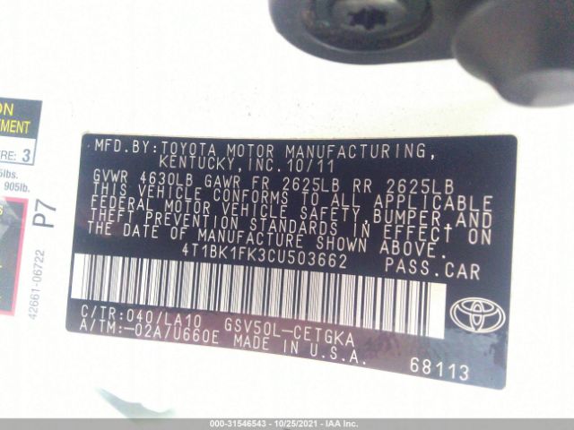 Photo 8 VIN: 4T1BK1FK3CU503662 - TOYOTA CAMRY 