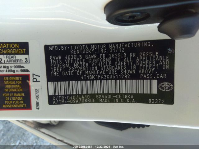 Photo 8 VIN: 4T1BK1FK3CU511292 - TOYOTA CAMRY 