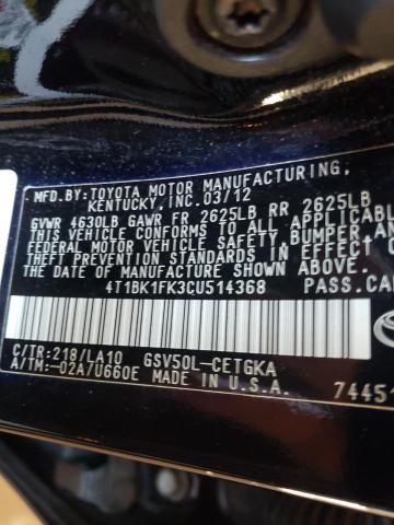 Photo 9 VIN: 4T1BK1FK3CU514368 - TOYOTA CAMRY SE 