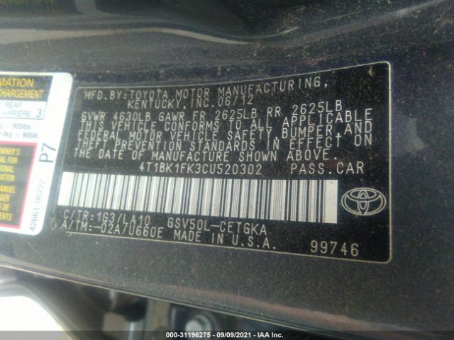 Photo 8 VIN: 4T1BK1FK3CU520302 - TOYOTA CAMRY 