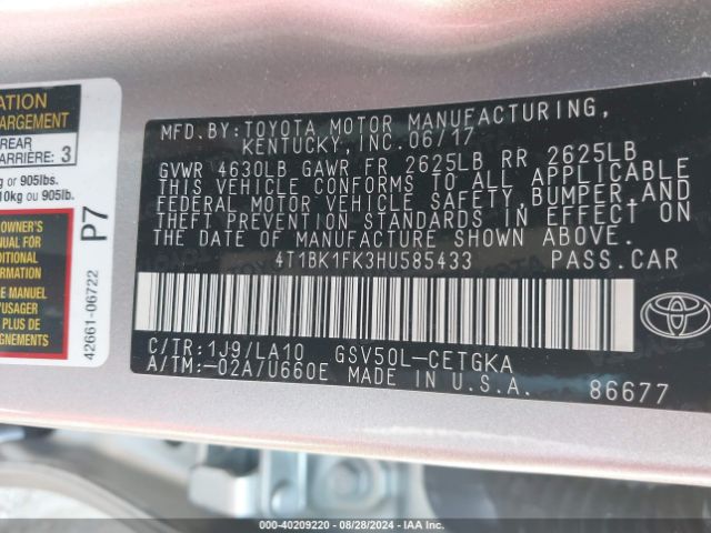 Photo 8 VIN: 4T1BK1FK3HU585433 - TOYOTA CAMRY 