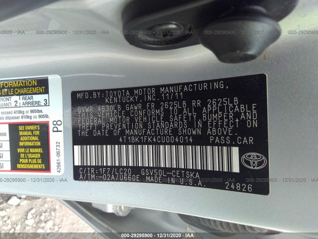 Photo 8 VIN: 4T1BK1FK4CU004014 - TOYOTA CAMRY 