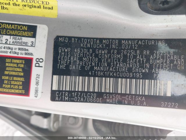 Photo 8 VIN: 4T1BK1FK4CU009195 - TOYOTA CAMRY 