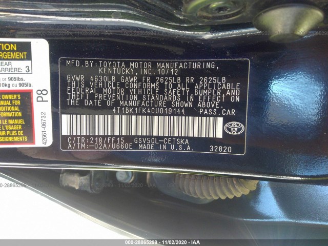 Photo 8 VIN: 4T1BK1FK4CU019144 - TOYOTA CAMRY 