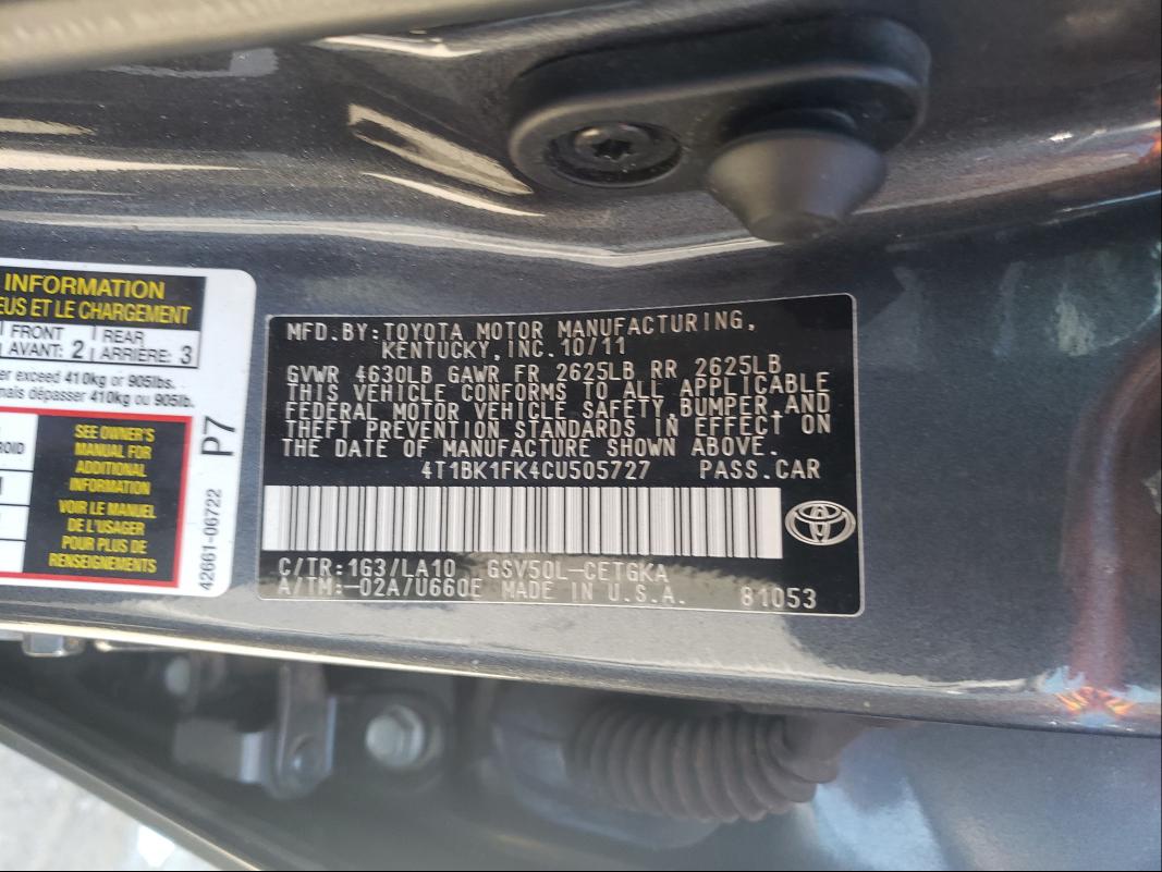 Photo 9 VIN: 4T1BK1FK4CU505727 - TOYOTA CAMRY SE 