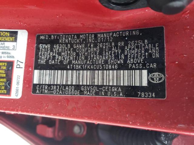 Photo 9 VIN: 4T1BK1FK4CU510846 - TOYOTA CAMRY SE 