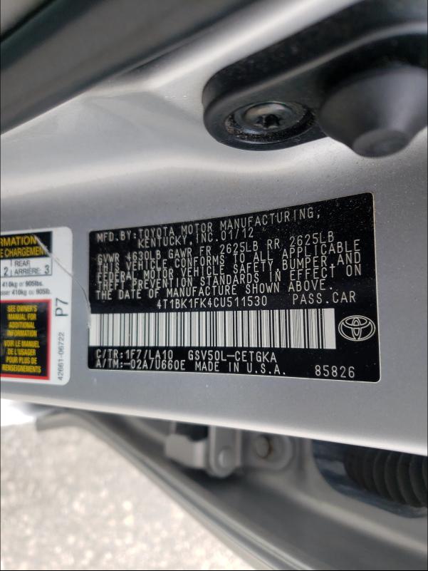 Photo 9 VIN: 4T1BK1FK4CU511530 - TOYOTA CAMRY SE 