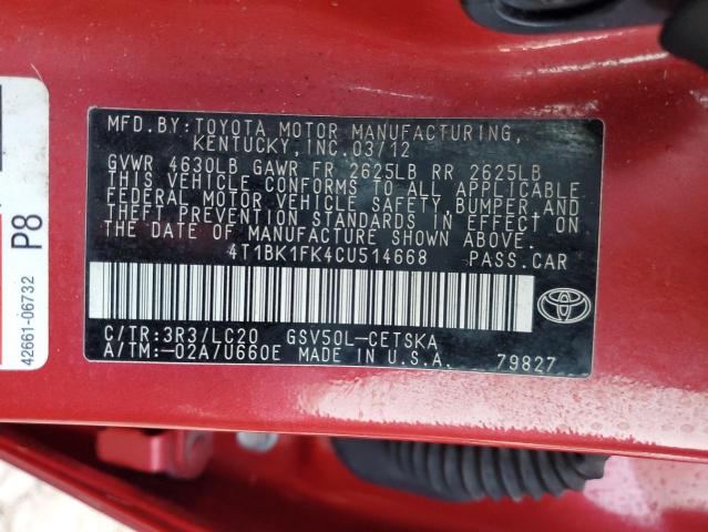 Photo 12 VIN: 4T1BK1FK4CU514668 - TOYOTA CAMRY SE 