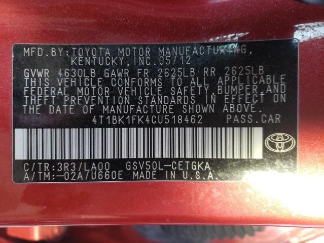 Photo 9 VIN: 4T1BK1FK4CU518462 - TOYOTA CAMRY SE 