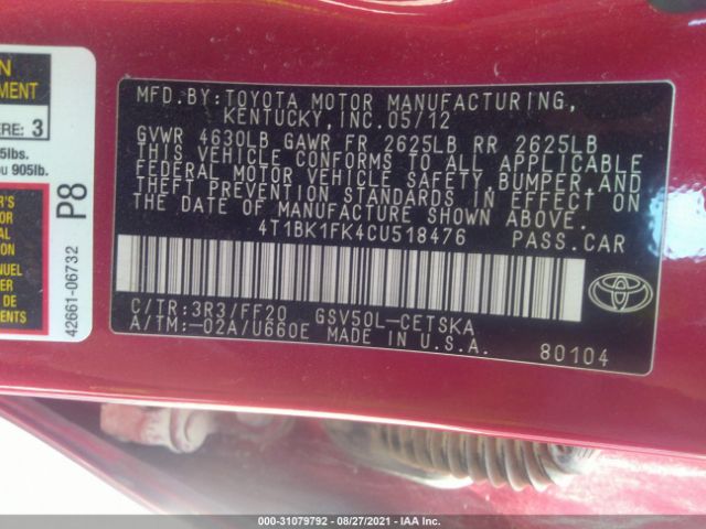 Photo 8 VIN: 4T1BK1FK4CU518476 - TOYOTA CAMRY 