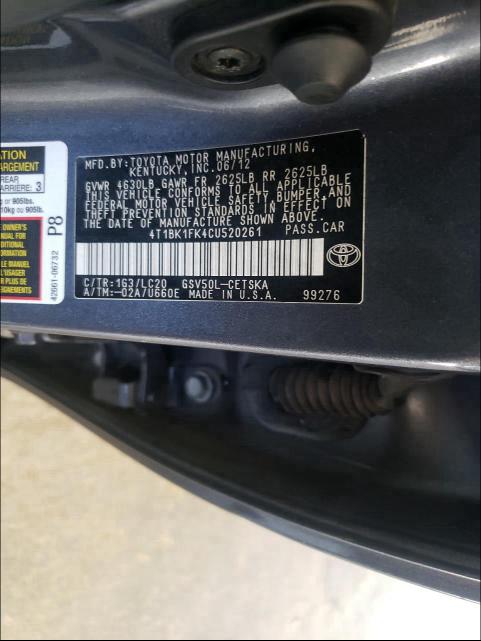 Photo 9 VIN: 4T1BK1FK4CU520261 - TOYOTA CAMRY SE 