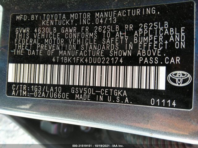 Photo 8 VIN: 4T1BK1FK4DU022174 - TOYOTA CAMRY 