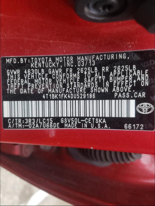 Photo 9 VIN: 4T1BK1FK4DU529186 - TOYOTA CAMRY SE 