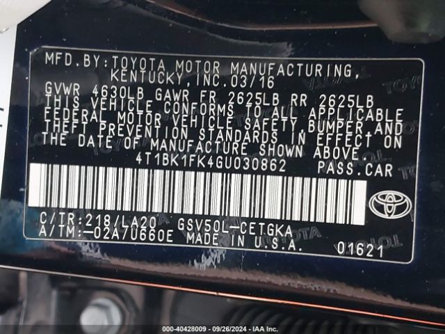 Photo 8 VIN: 4T1BK1FK4GU030862 - TOYOTA CAMRY 