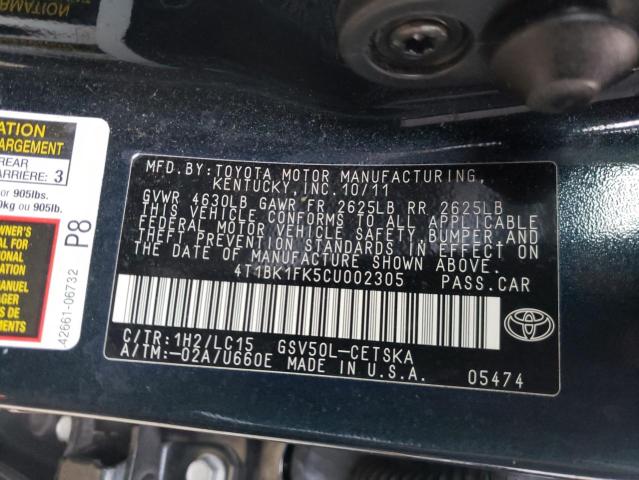 Photo 9 VIN: 4T1BK1FK5CU002305 - TOYOTA CAMRY SE 