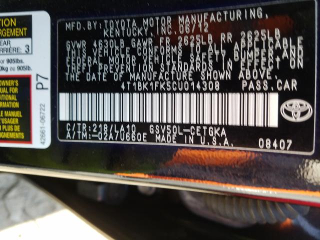 Photo 9 VIN: 4T1BK1FK5CU014308 - TOYOTA CAMRY SE 