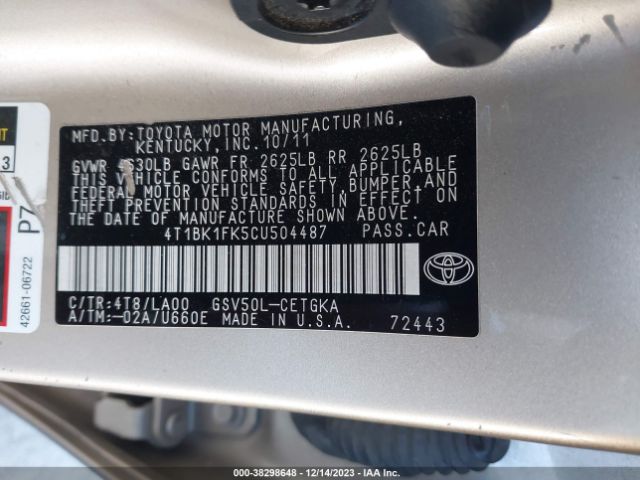 Photo 8 VIN: 4T1BK1FK5CU504487 - TOYOTA CAMRY 