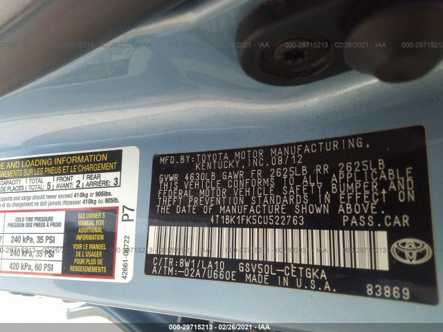 Photo 8 VIN: 4T1BK1FK5CU522763 - TOYOTA CAMRY 