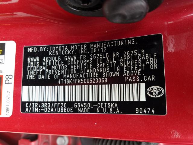 Photo 9 VIN: 4T1BK1FK5CU523069 - TOYOTA CAMRY SE 