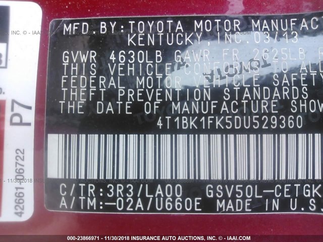 Photo 8 VIN: 4T1BK1FK5DU529360 - TOYOTA CAMRY 