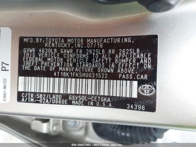 Photo 8 VIN: 4T1BK1FK5HU031522 - TOYOTA CAMRY 