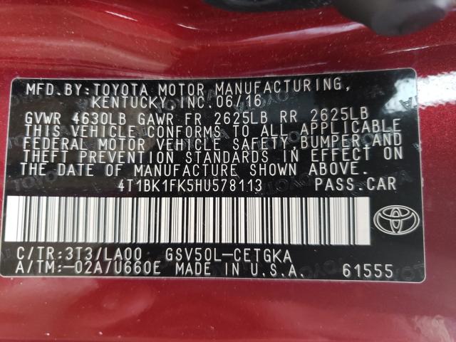 Photo 9 VIN: 4T1BK1FK5HU578113 - TOYOTA CAMRY XSE 