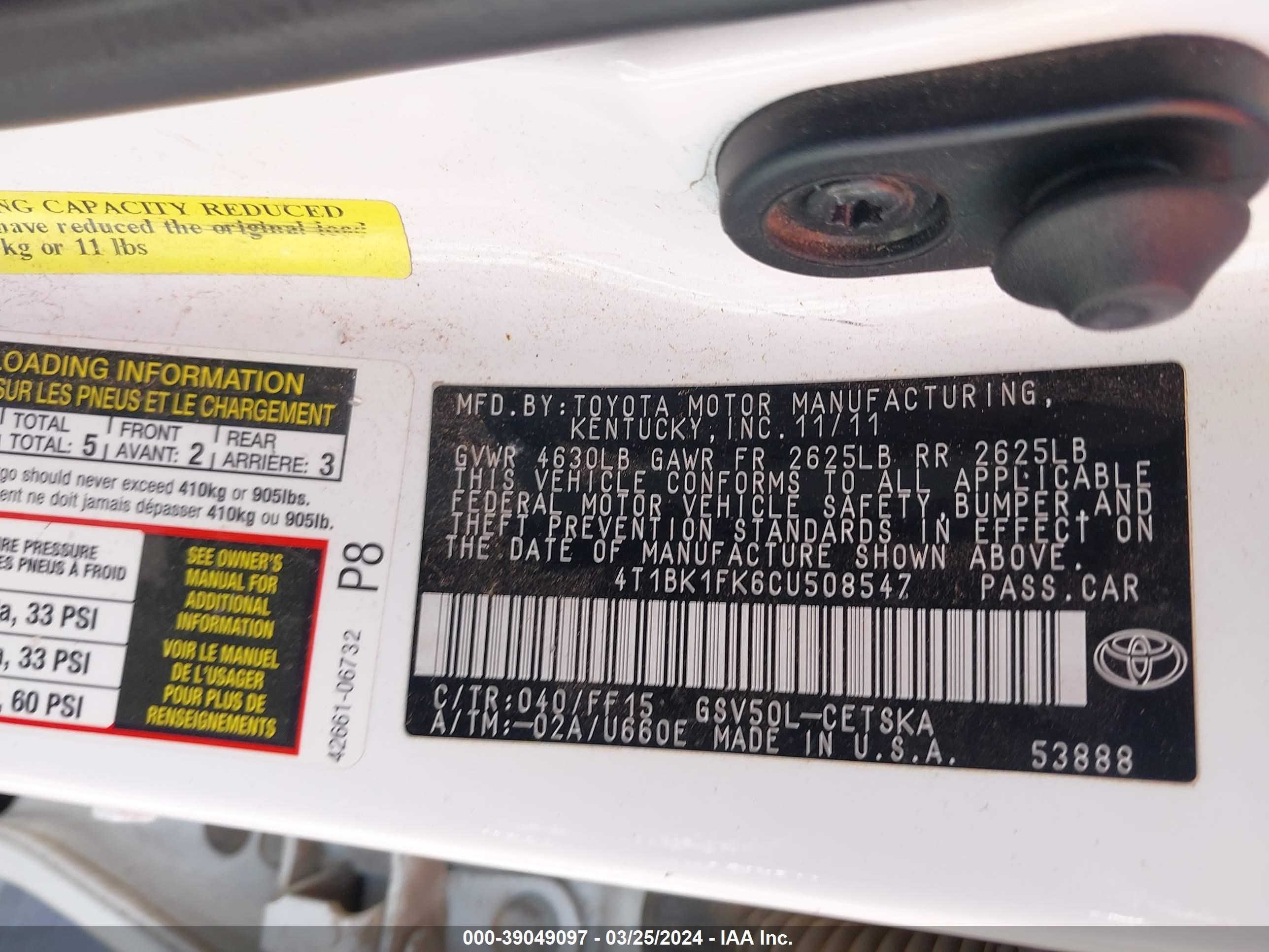 Photo 8 VIN: 4T1BK1FK6CU508547 - TOYOTA CAMRY 